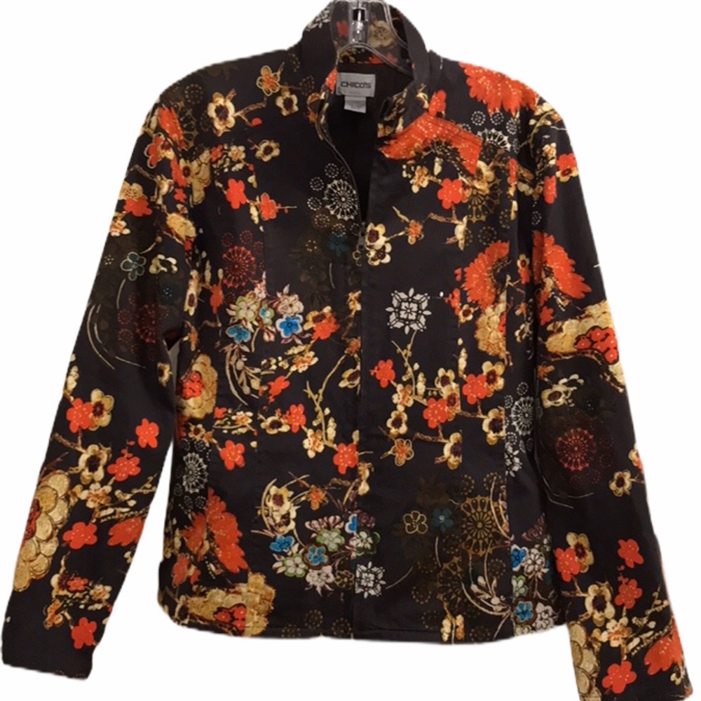 GORGEOUS Chico’s Brown Orange Floral Blazer Jacket S Fall Autumn
